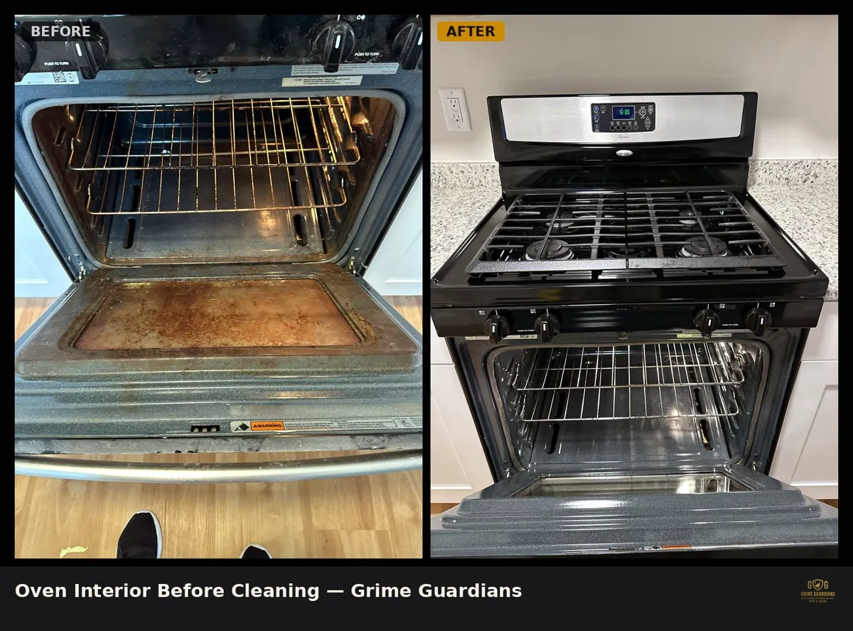 Before and after: oven interior with years of baked-on buildup, deep-cleaned by Grime Guardians