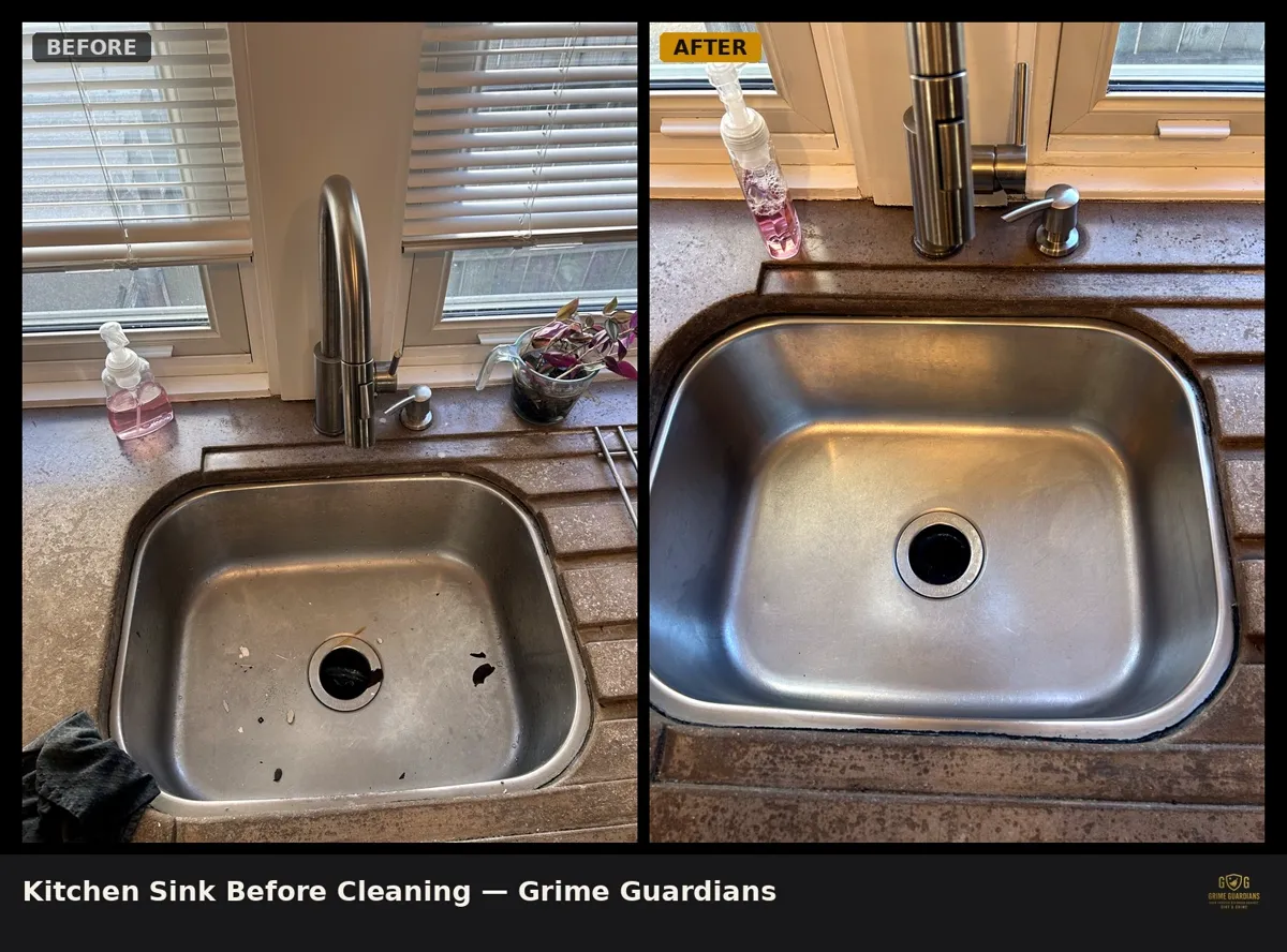 Before and after: a Twin Cities kitchen sink with buildup, deep-cleaned by Grime Guardians