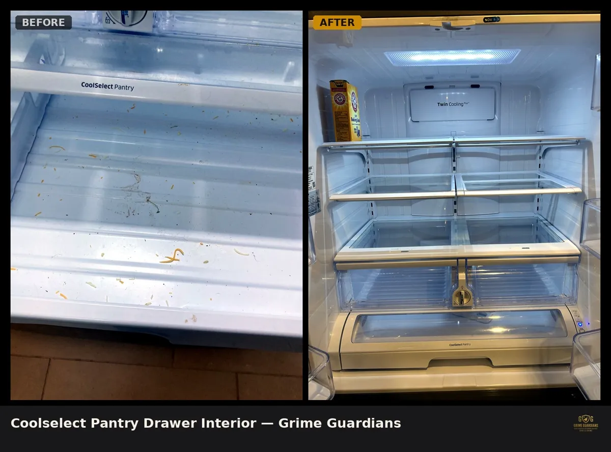 Before and after: refrigerator pantry drawer interior, deep-cleaned by Grime Guardians