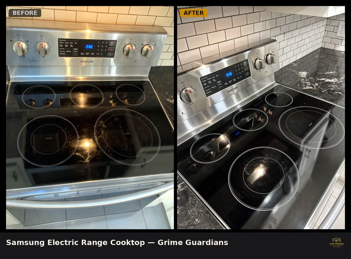 Before and after: electric range cooktop with burnt-on residue, restored by Grime Guardians