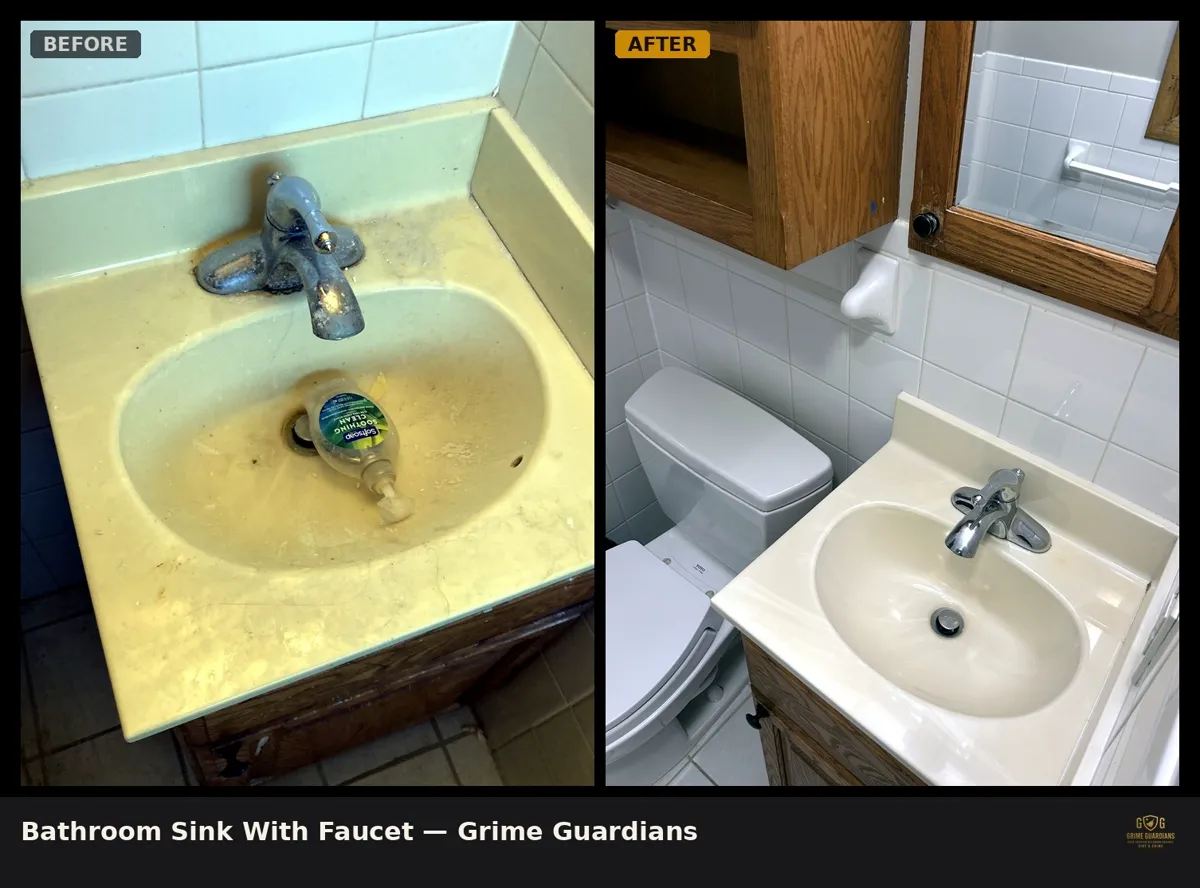Before and after: bathroom sink and faucet with hard-water buildup, cleaned and polished