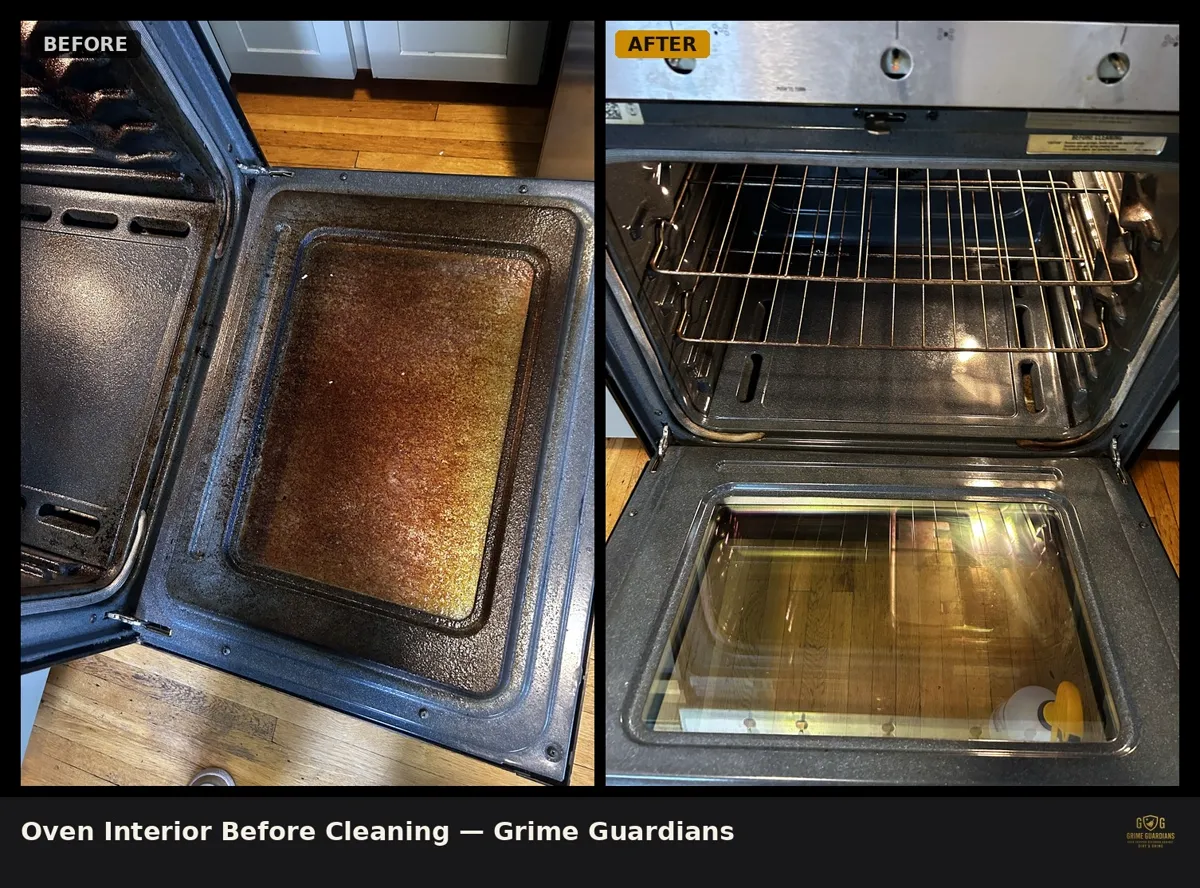 Before and after: oven interior with years of baked-on grime, deep-cleaned by Grime Guardians