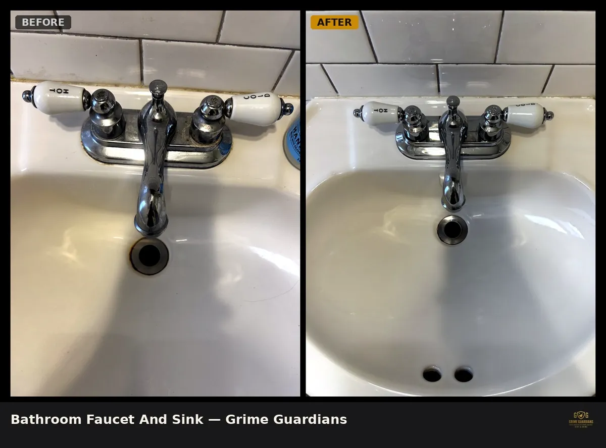 Before and after: bathroom faucet and sink with buildup and stains, polished to a shine by Grime Guardians