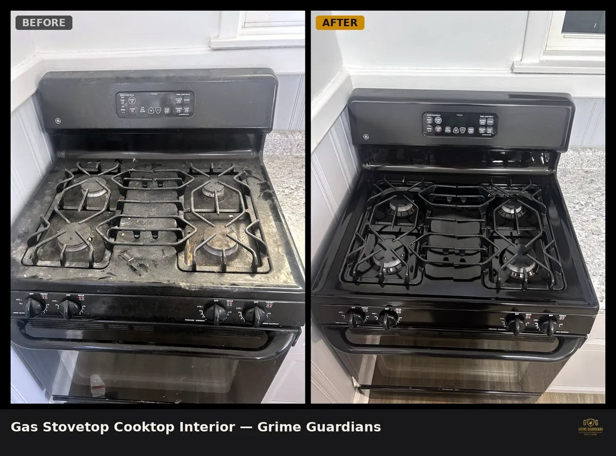 Before and after: gas stovetop caked with baked-on grime, fully detailed by Grime Guardians