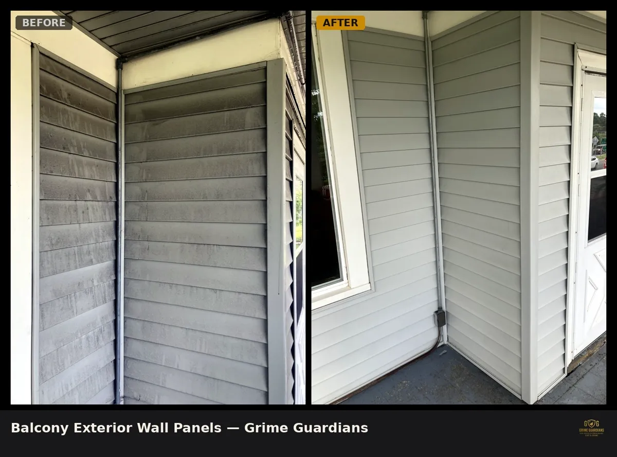Before-and-after view of a balcony and exterior wall panels, from grime to clean