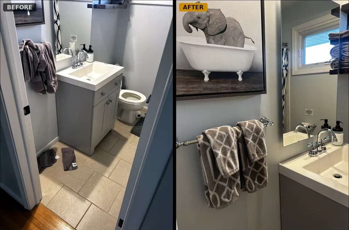 Before and after: small bathroom vanity and toilet after a move-out deep clean
