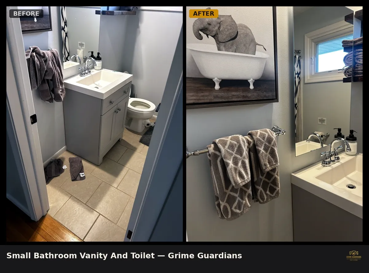 Before and after: small bathroom vanity and toilet after a move-out deep clean
