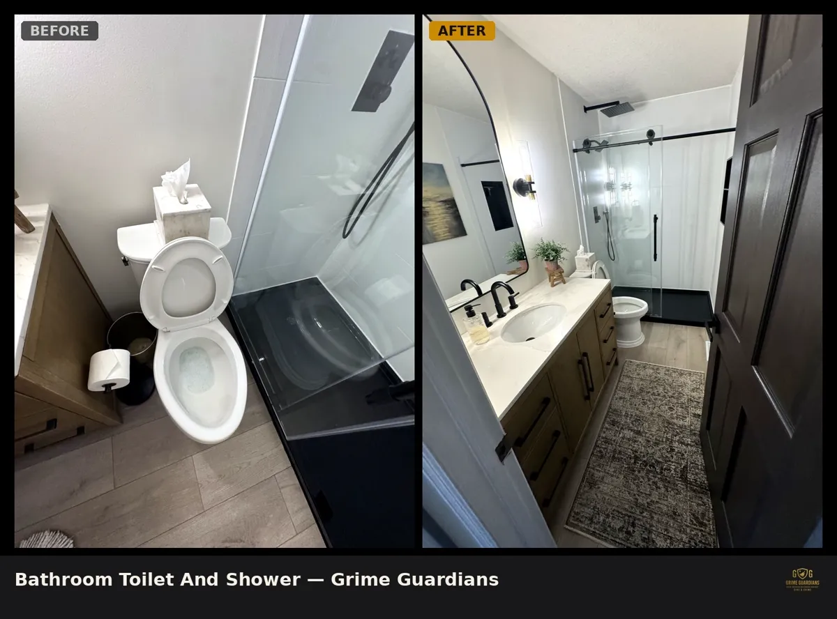 Before-and-after view of a bathroom toilet and shower, deep-cleaned top to bottom