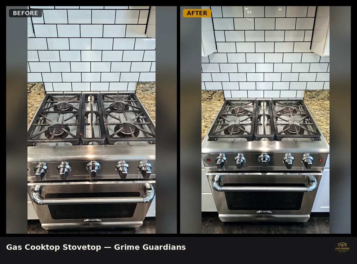 Before and after: gas cooktop with baked-on grease, deep-cleaned to photo-ready by Grime Guardians