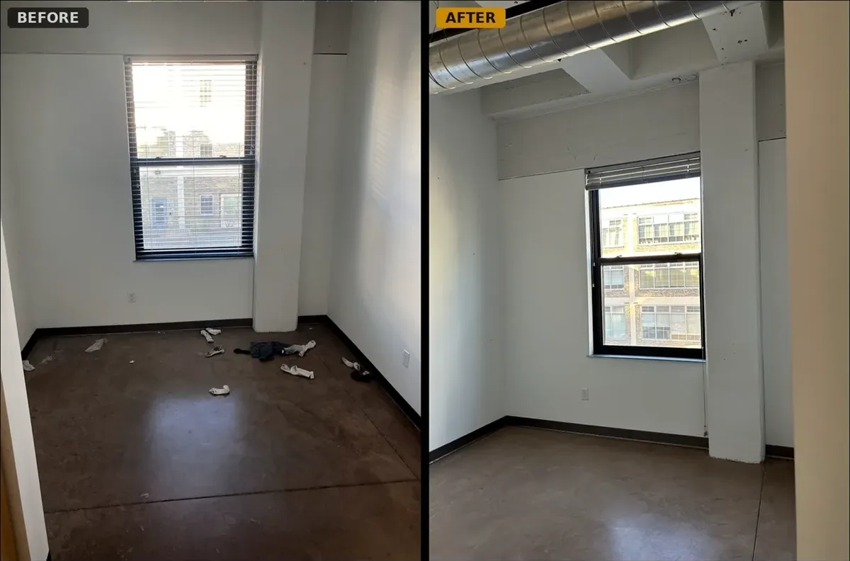 Before and after: an empty apartment room cleaned for the move-out walkthrough