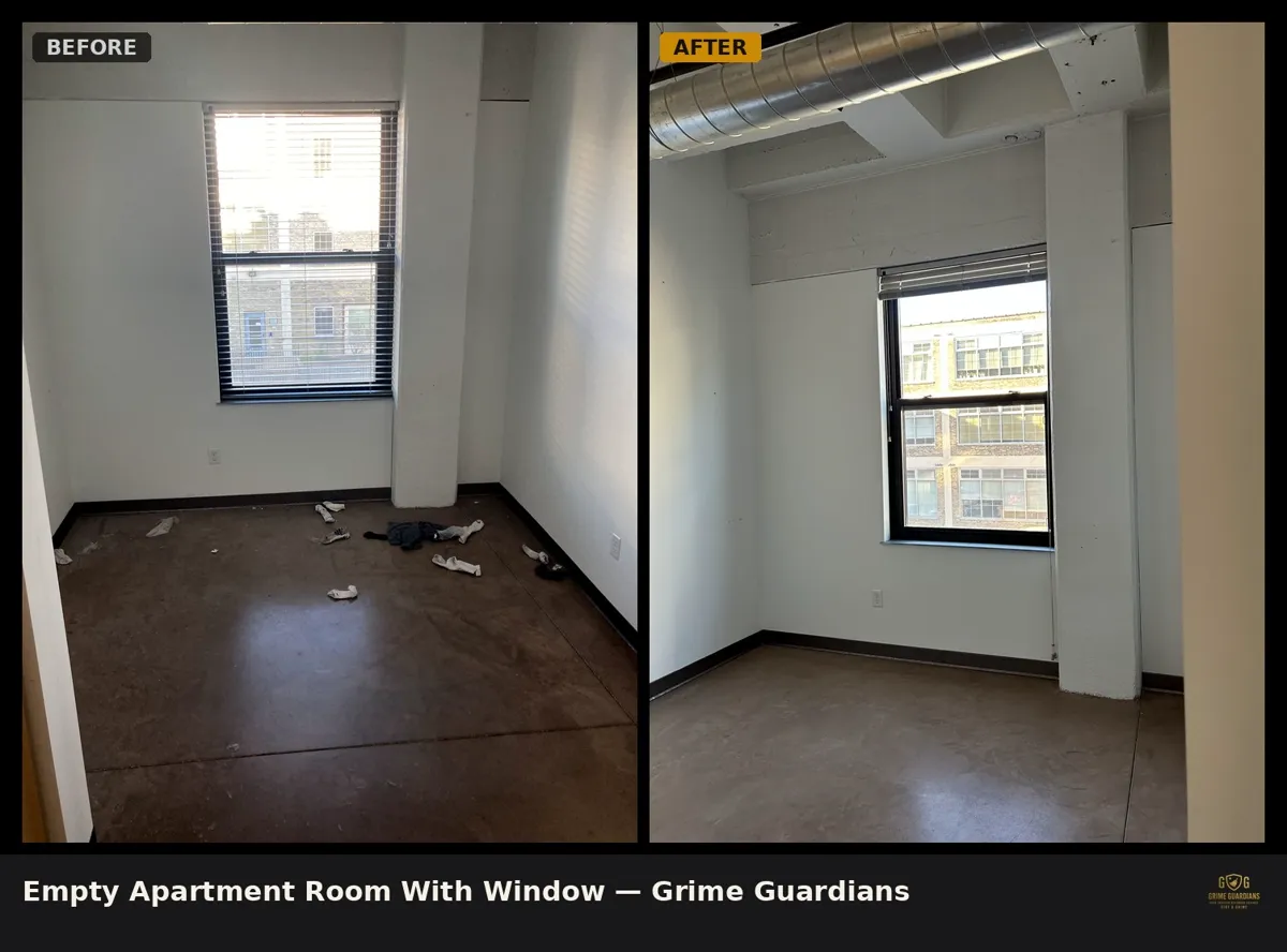 Before and after: an empty apartment room cleaned for the move-out walkthrough