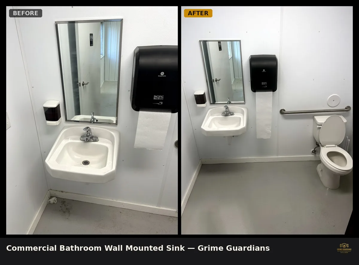 Before and after: a commercial restroom deep-cleaned by Grime Guardians