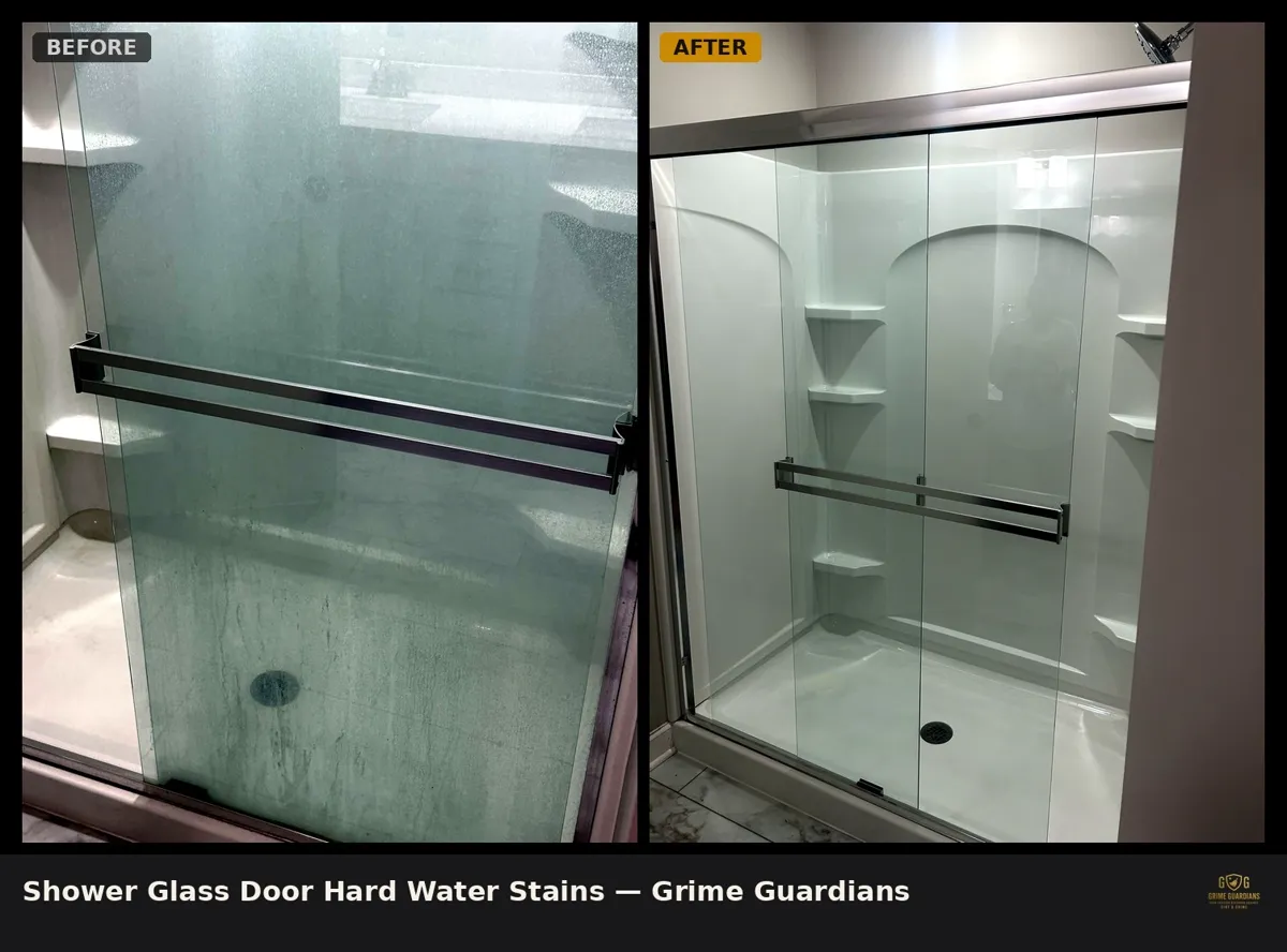 Before and after: shower glass door with hard-water stains, polished clear