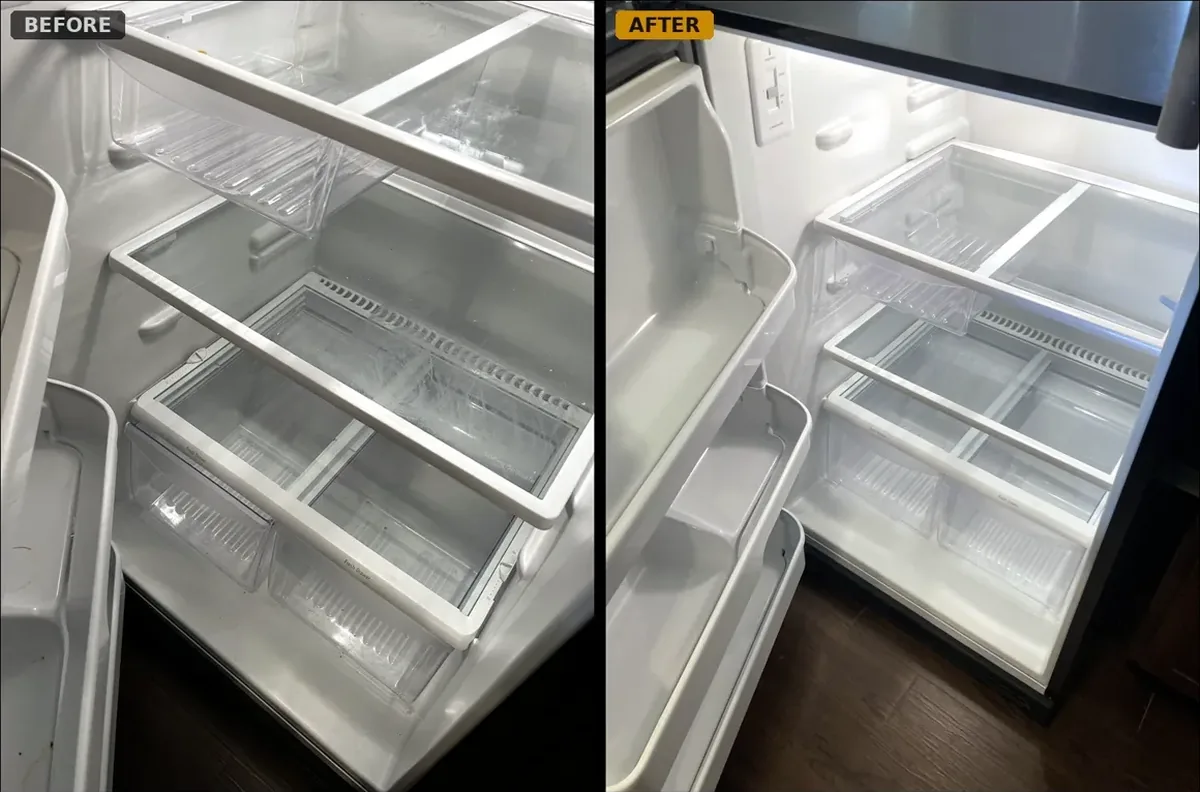 Before and after: refrigerator interior deep-cleaned for a move-out